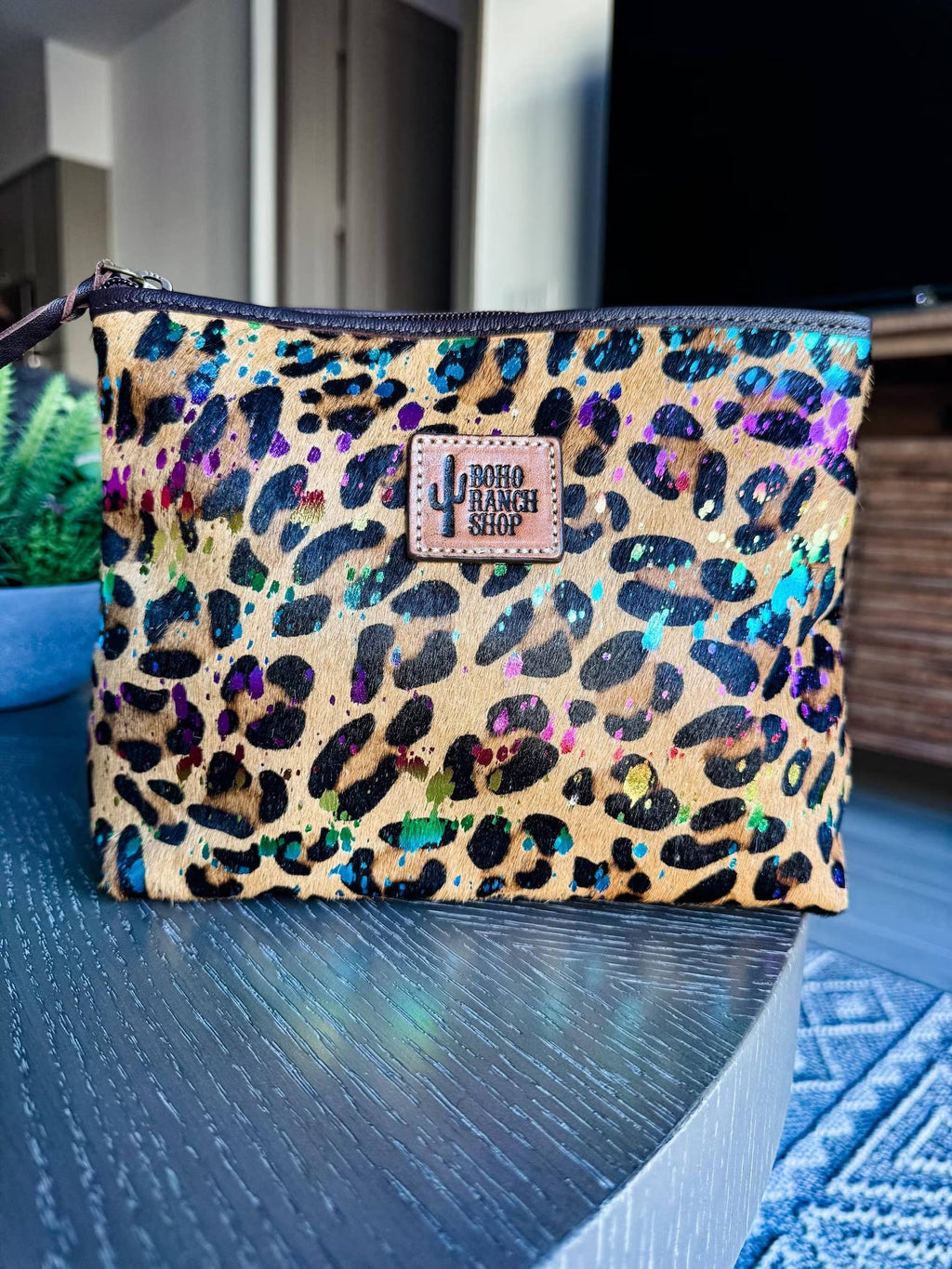 Western Cowhide Makeup Bag Travel: PINK + SILVER SPECS