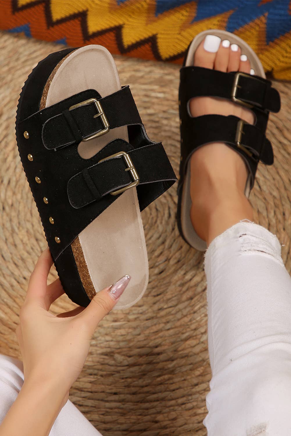 66 Suede Buckle Decor Footbed Sandal Slippers: Light Blue / 8(39)