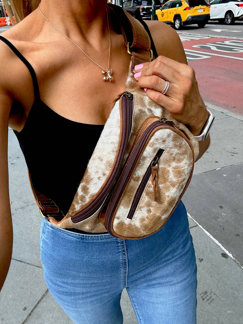Western Hairon Cowhide Fanny Pack - bum bag sling bag: Tan + White Cowhide