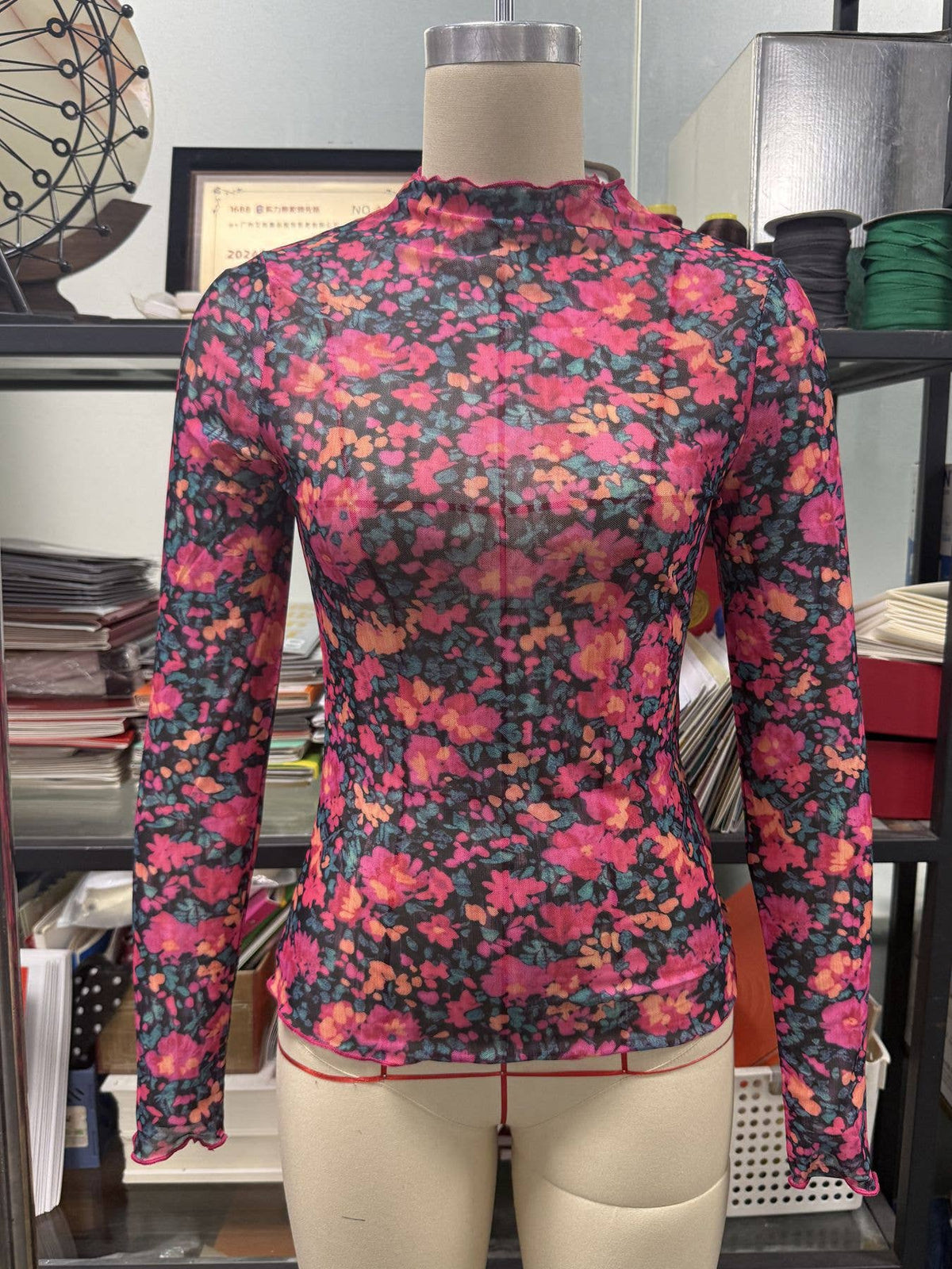 Printed Mesh Long Sleeve Slim Fit Top: Hot Pink / Missy / S