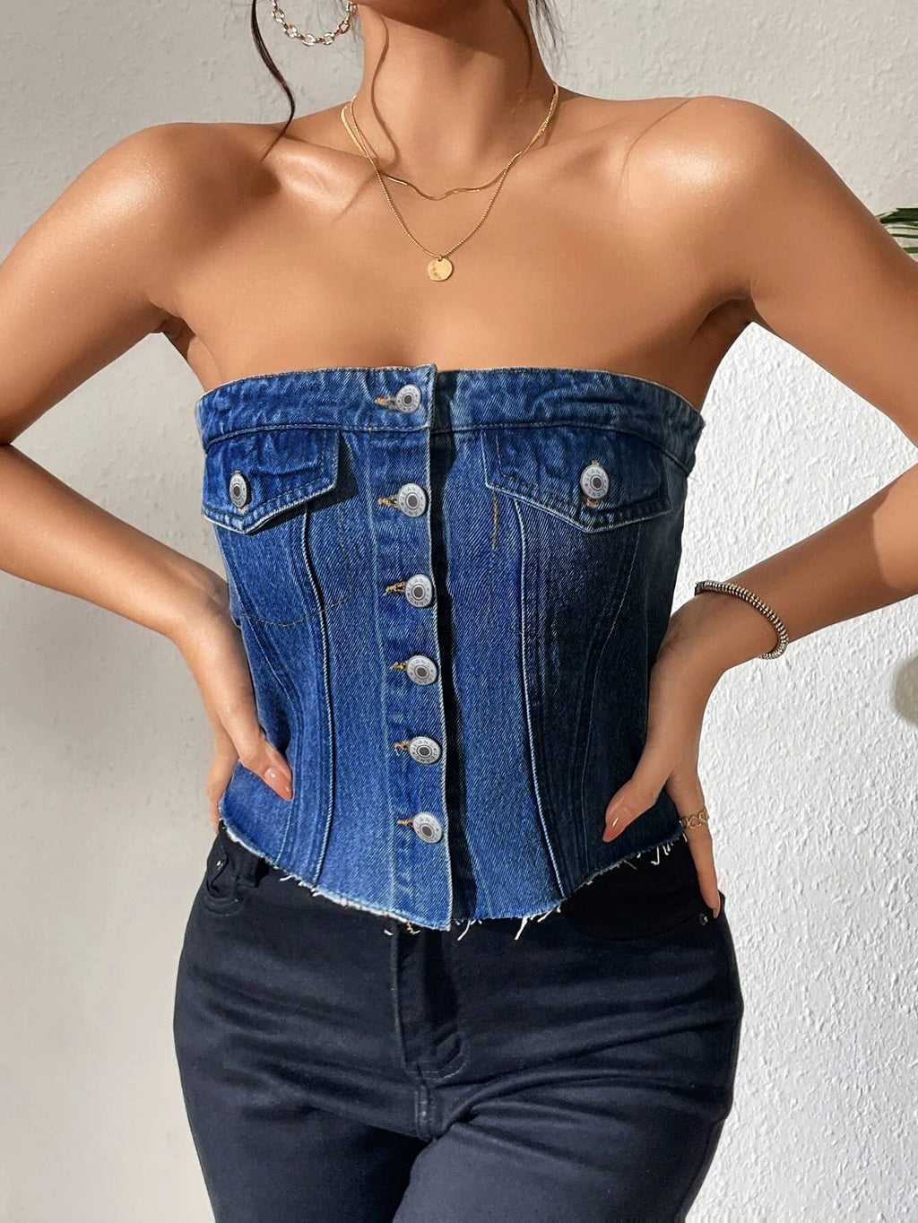 Fitted Denim Bustier Top with Frayed Hem & Buttons: LightBlue / S