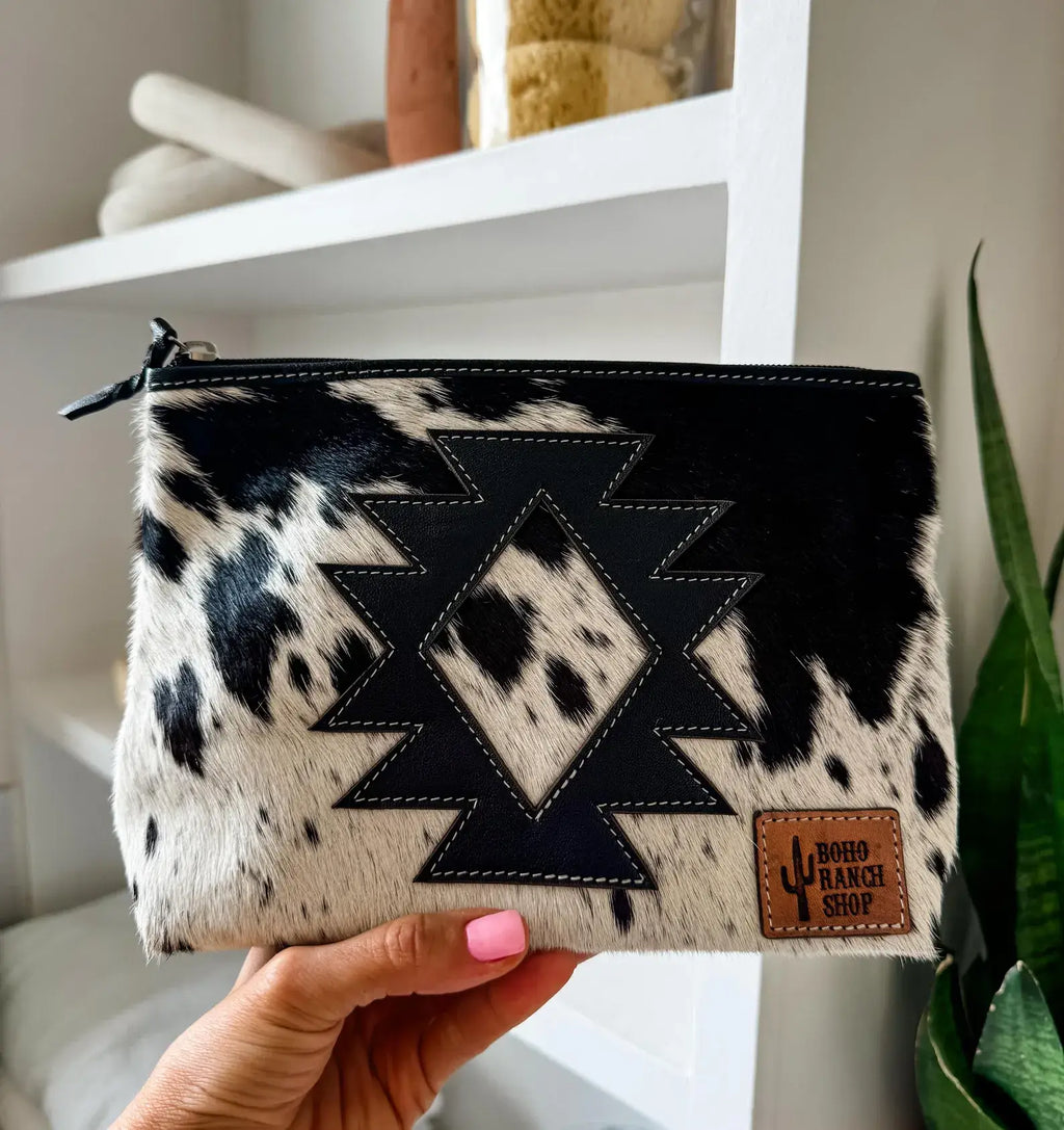 COWHIDE AZTEC  MAKEUP bag Genuine Hair On travel: Black Leather