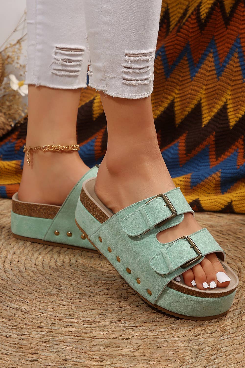 66 Suede Buckle Decor Footbed Sandal Slippers: Light Blue / 8(39)