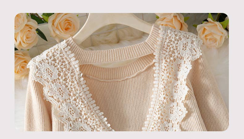 Lace Backless Knit Sweater Top: Beige / Missy / L