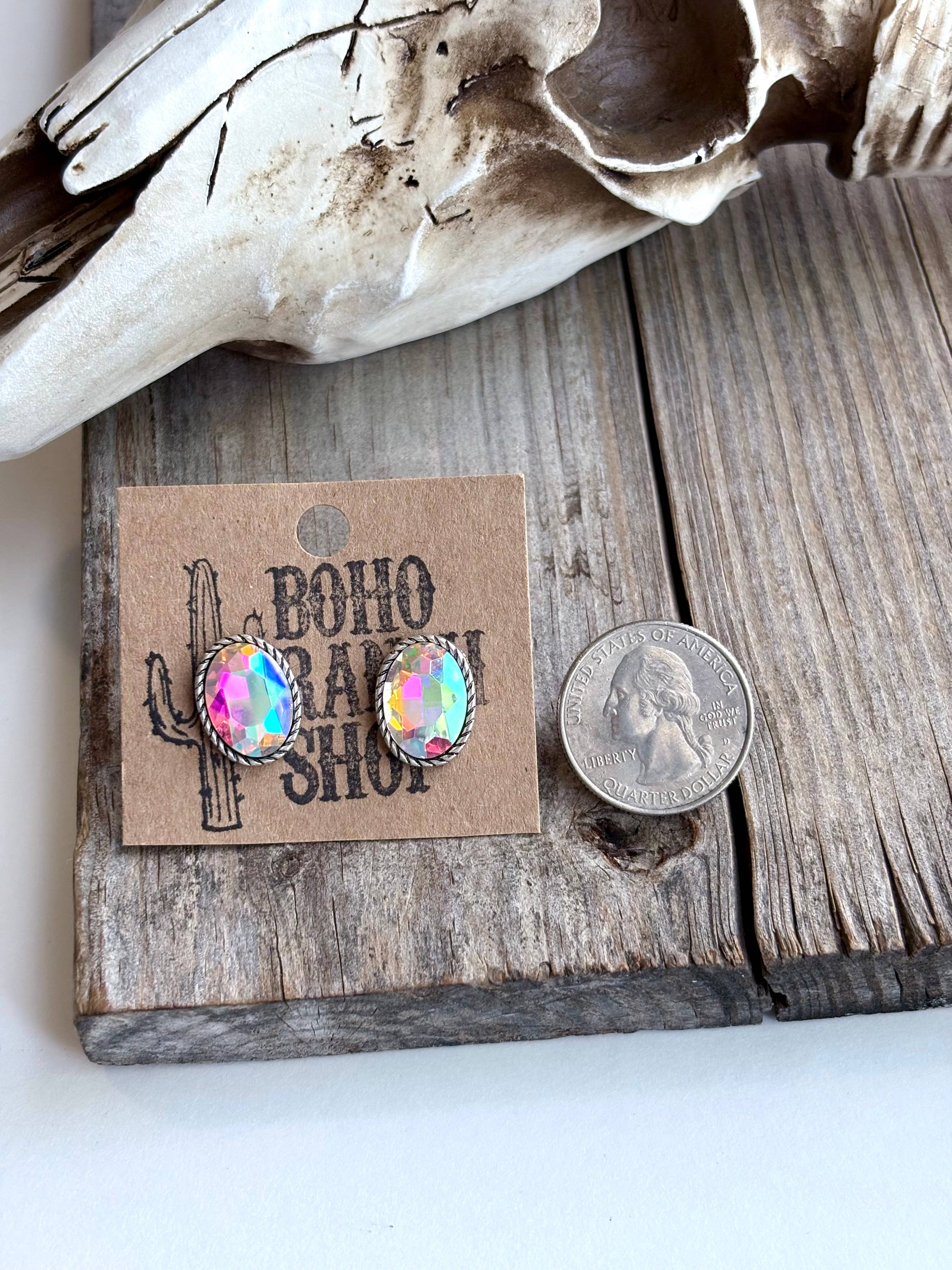 Western Bling Glass Stone Stud Earrings: Oval