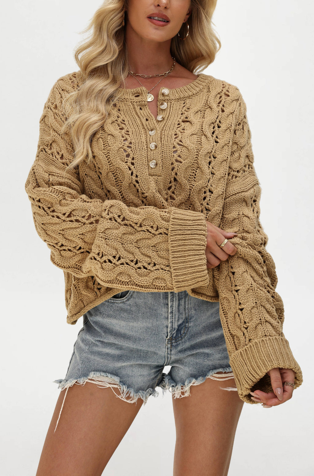 Cropped Button Pullover Sweater: Khaki / Missy / M