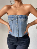 Fitted Denim Bustier Top with Frayed Hem & Buttons: LightBlue / S