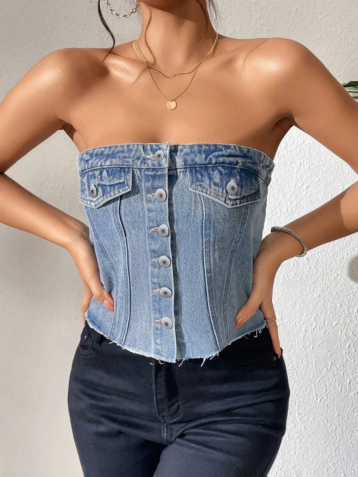 Fitted Denim Bustier Top with Frayed Hem & Buttons: LightBlue / S