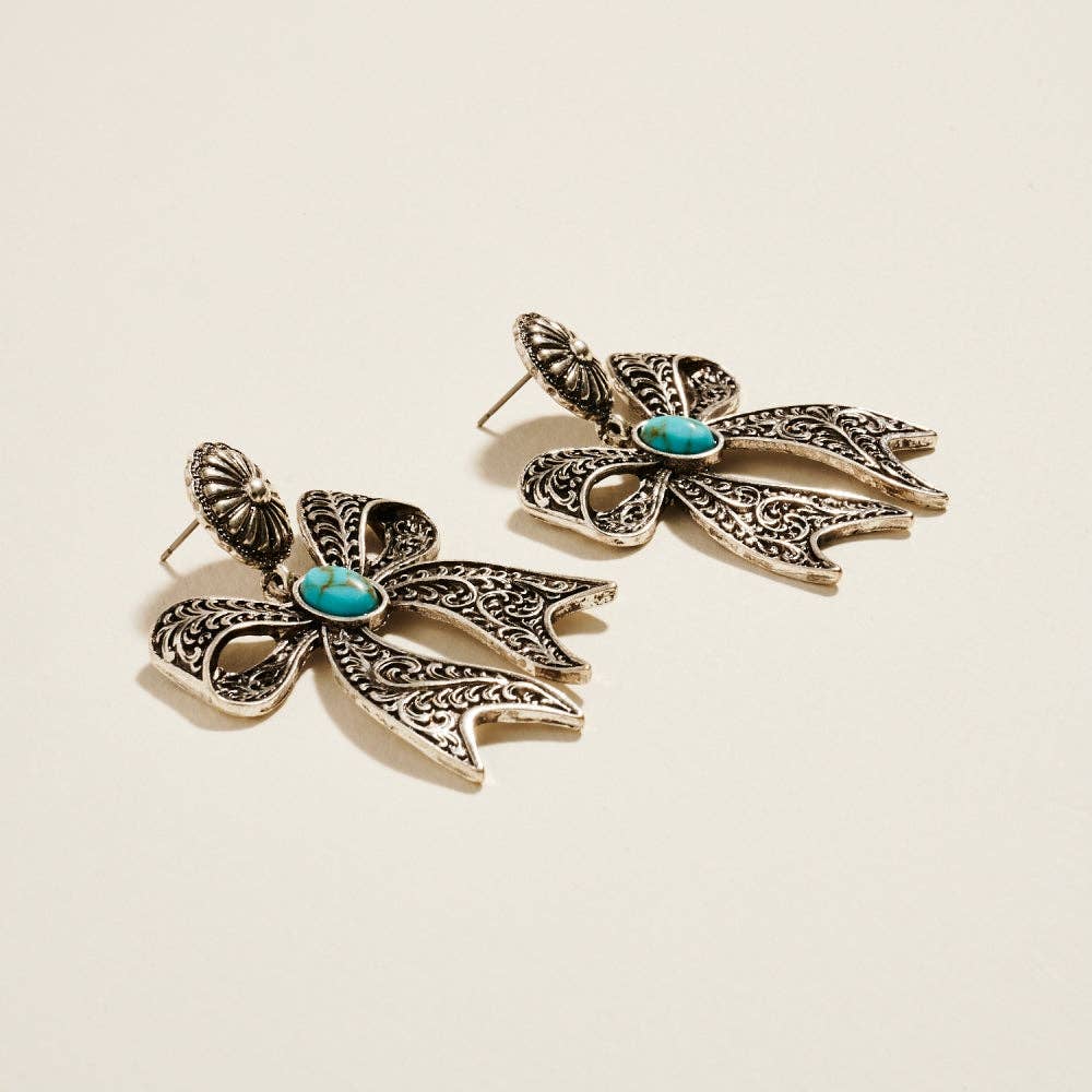 Vintage Semi Precious Boho Ribbon Bow Earrings: Burnished Silver / ONE