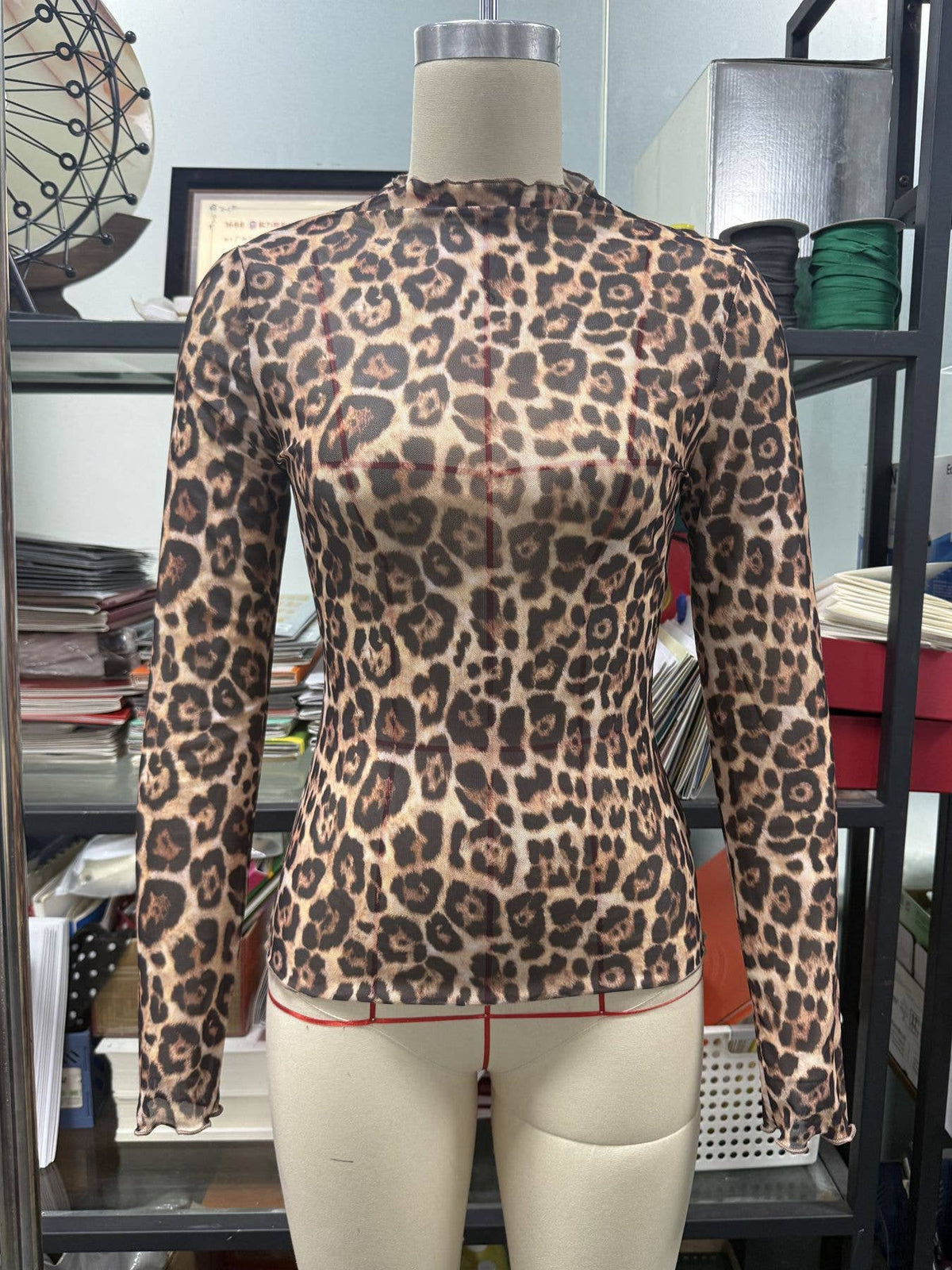 Printed Mesh Long Sleeve Slim Fit Top: Hot Pink / Missy / S