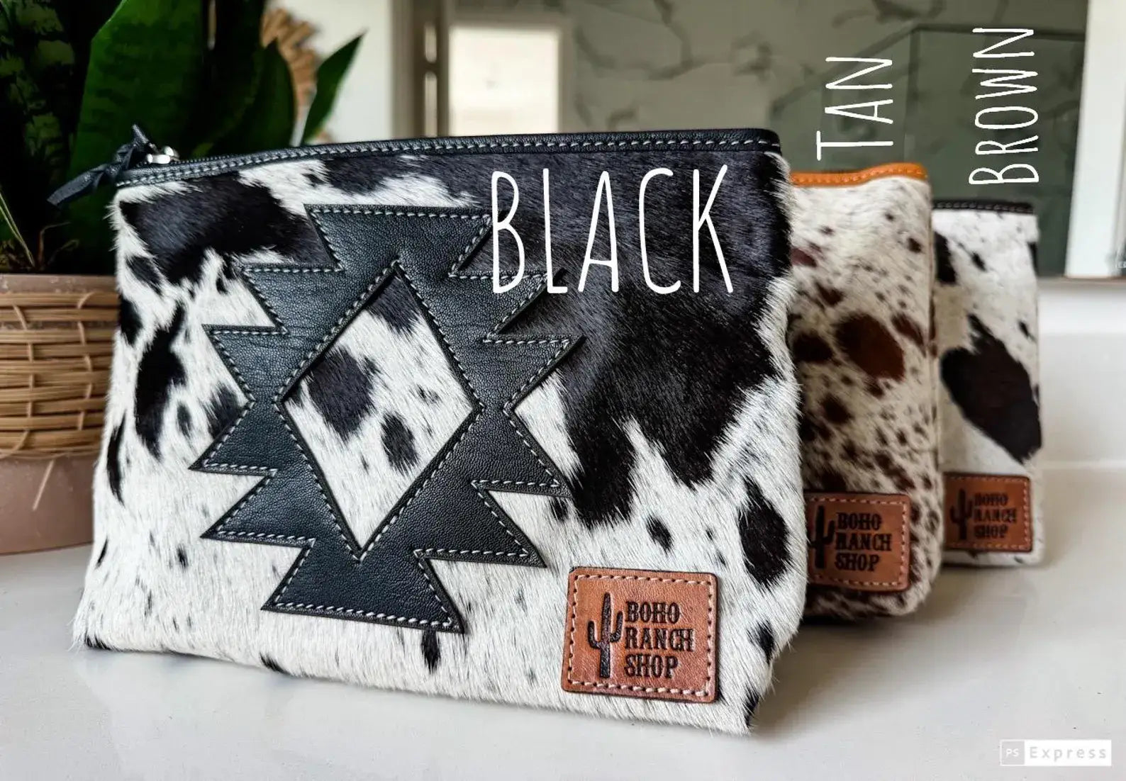 COWHIDE AZTEC  MAKEUP bag Genuine Hair On travel: Black Leather