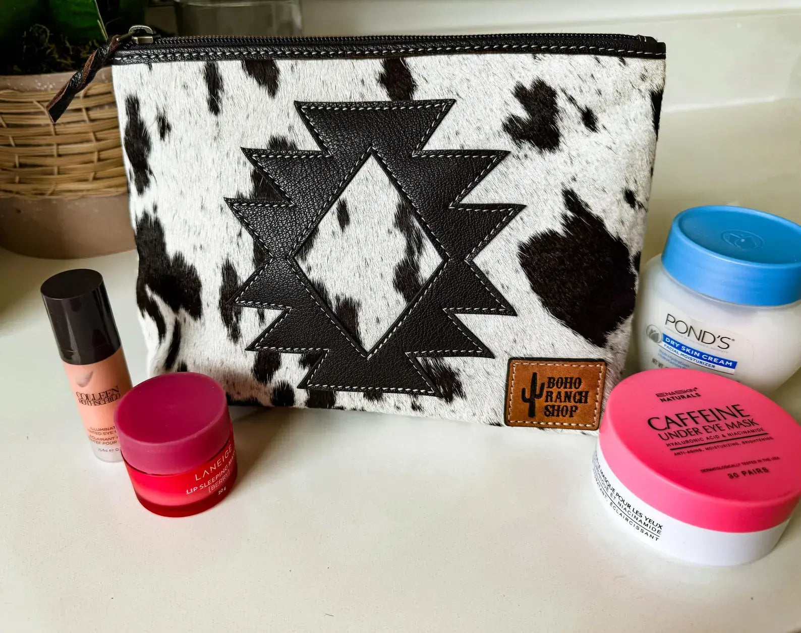 COWHIDE AZTEC  MAKEUP bag Genuine Hair On travel: Black Leather