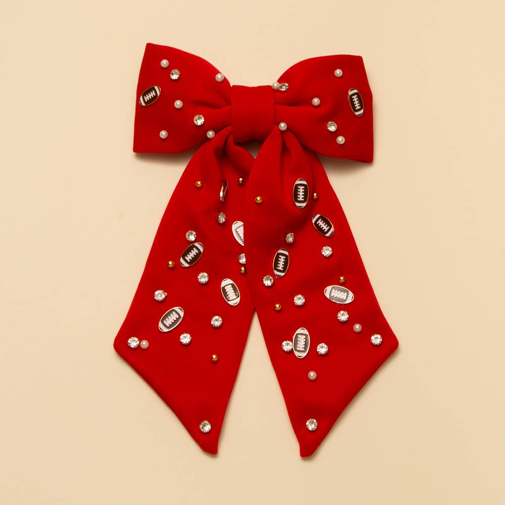 Football Charm Crystal Pearl Embellished Bow Barrette : Blue