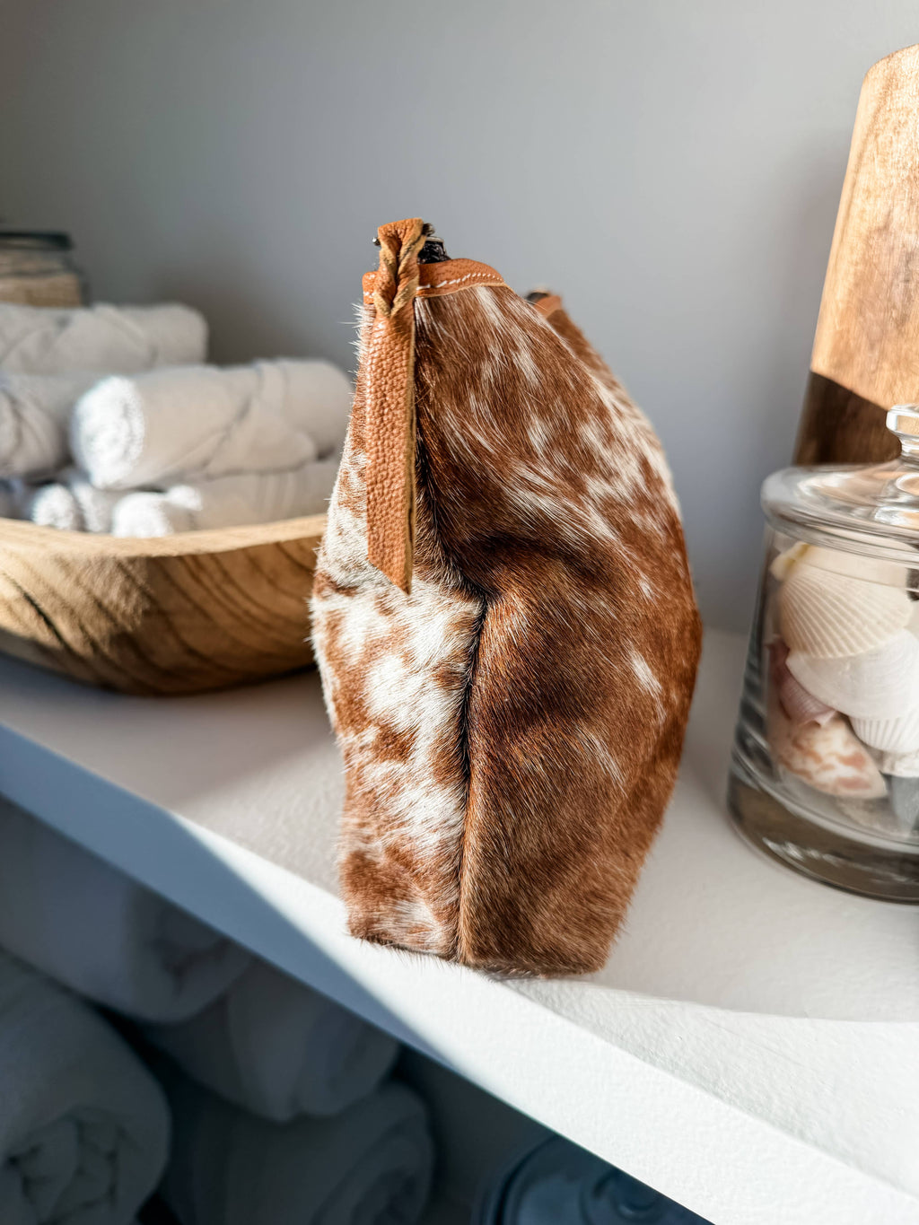 Western Cowhide Makeup Bag Travel: TAN + WHITE