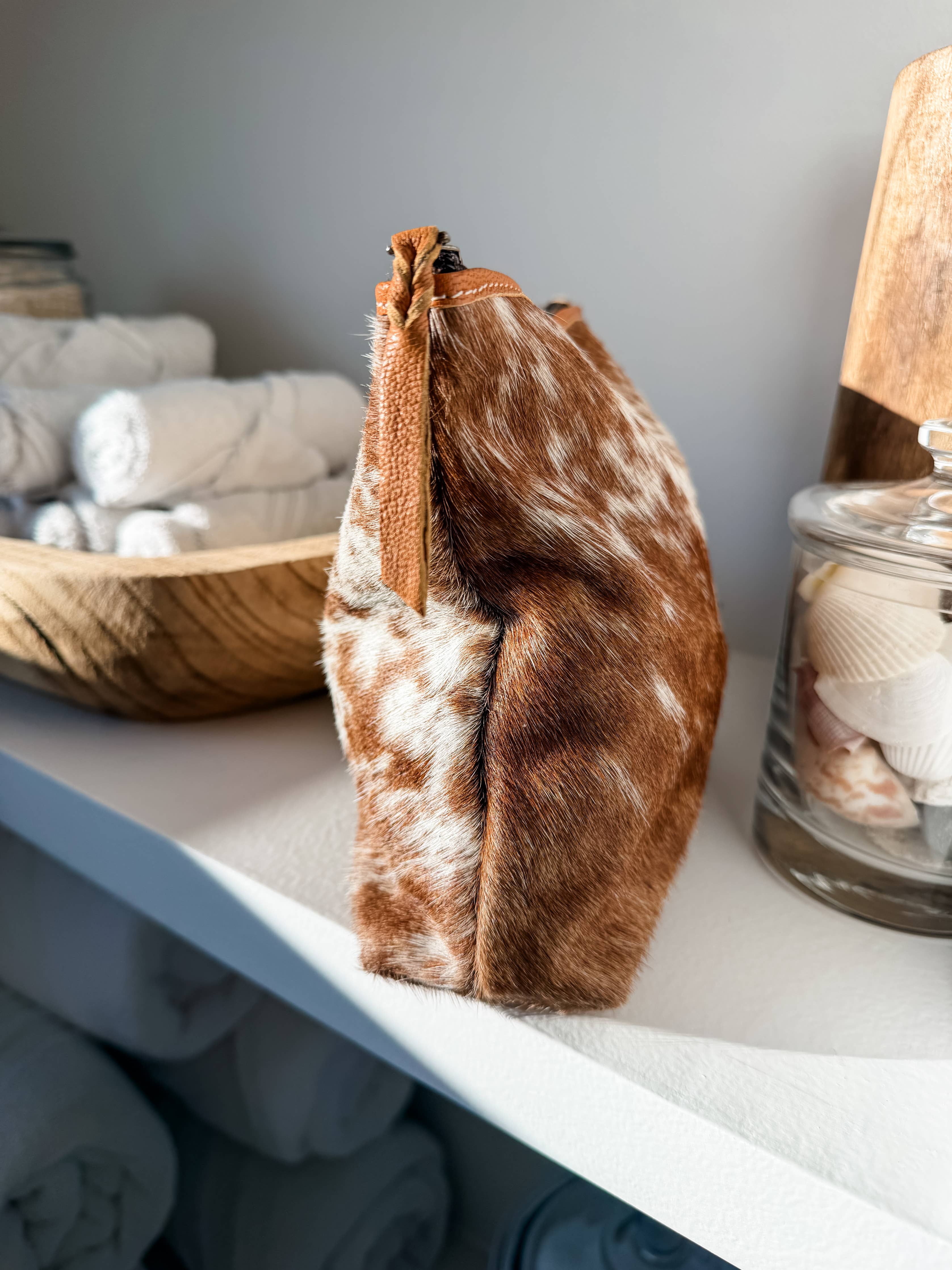 Western Cowhide Makeup Bag Travel: TAN + WHITE
