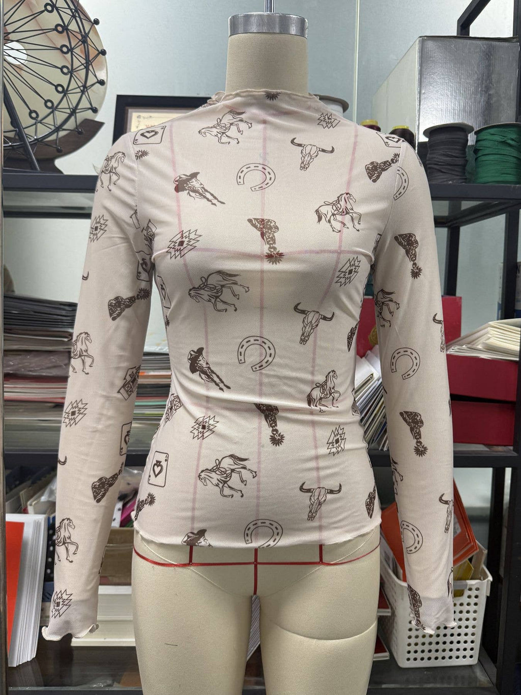 Printed Mesh Long Sleeve Slim Fit Top: Hot Pink / Missy / S