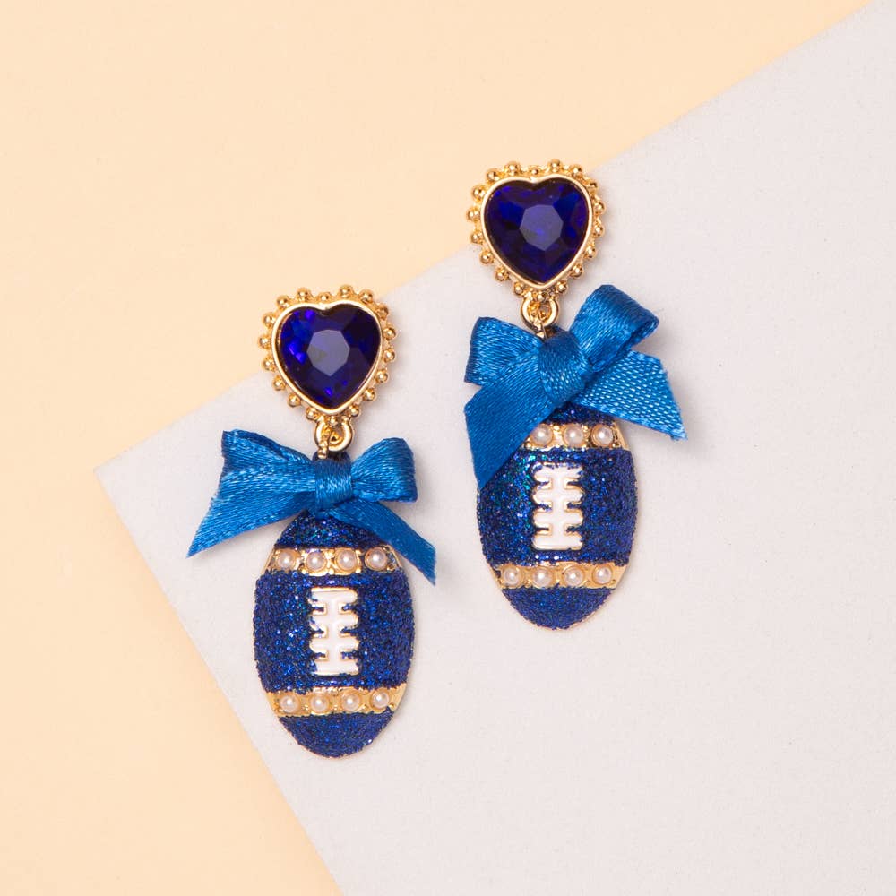 Football Ribbon Game Day Earrings: Blue White