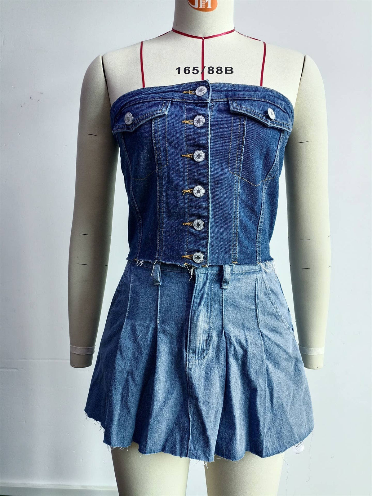 Fitted Denim Bustier Top with Frayed Hem & Buttons: LightBlue / S