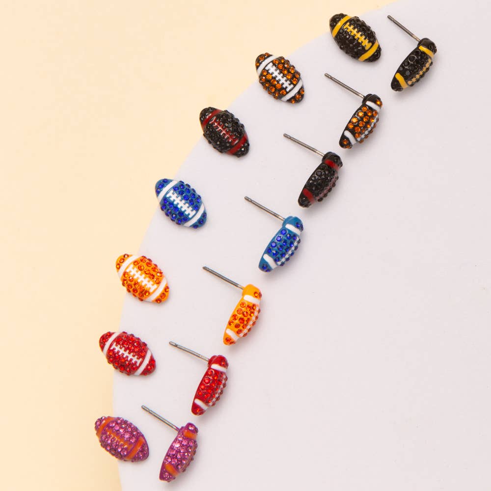 Gameday Two-Tone Rhinestone Pave Football Stud Earrings: Blue