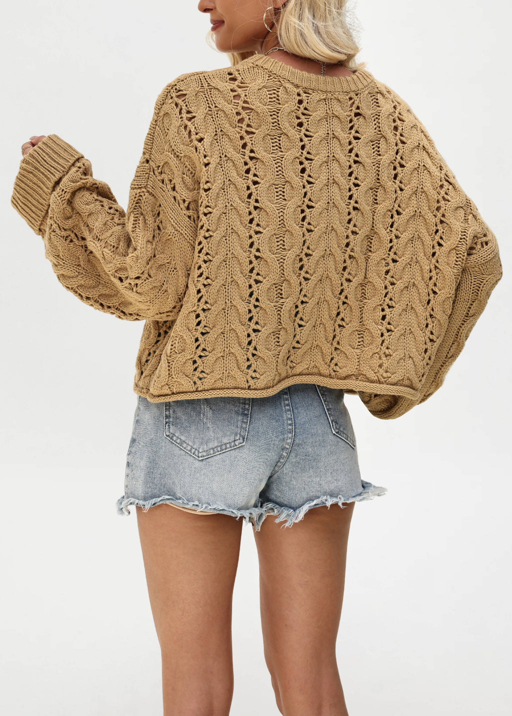 Cropped Button Pullover Sweater: Khaki / Missy / M
