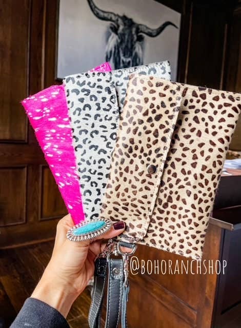 Cowhide Wristlet Wallet Western Genuine HairOn Cowhide Bag: PINK + SILVER SPECS