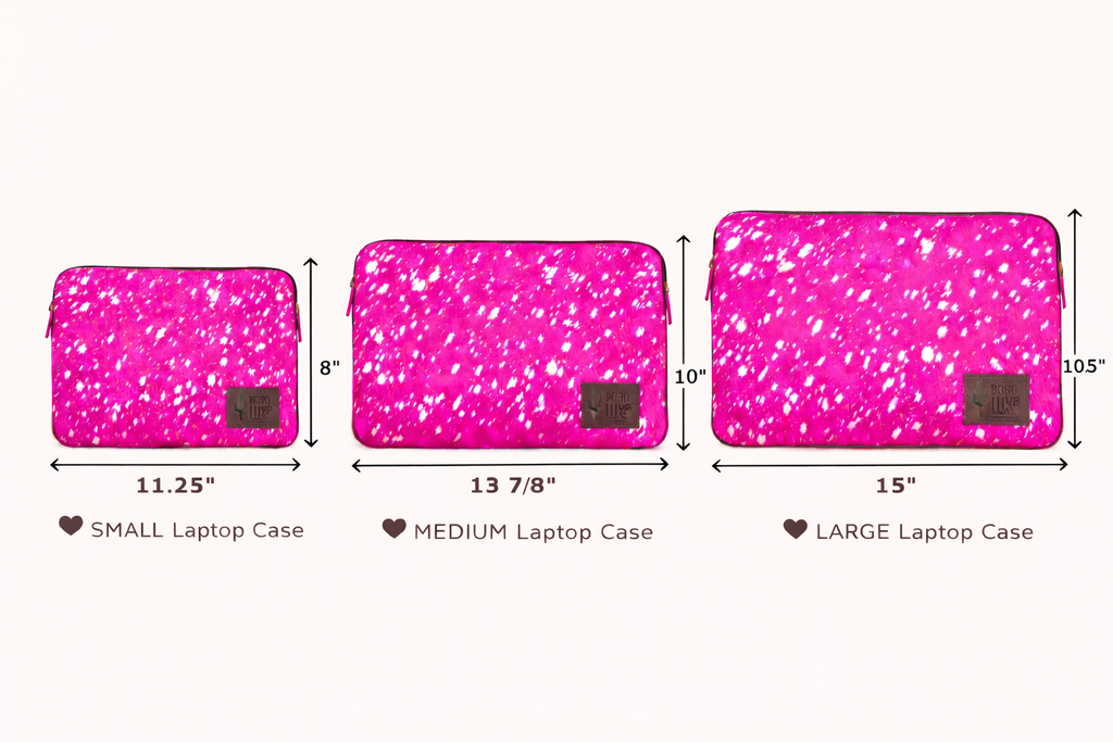 Cowhide Laptop Computer Tech Sleeve Pouch - Leather Back: PINK + SILVER SPECS - LARGE