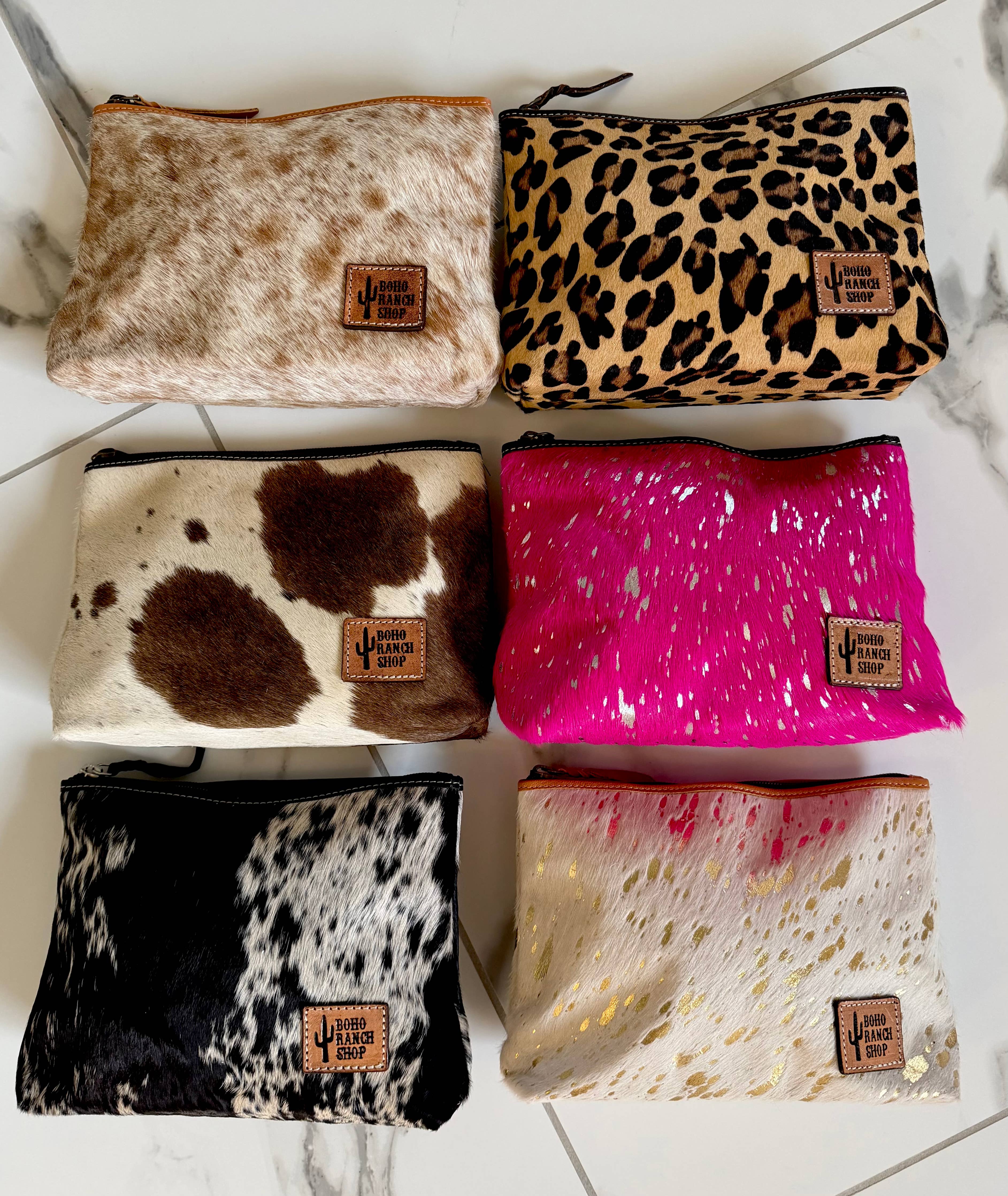 Western Cowhide Makeup Bag Travel: BROWN + WHITE