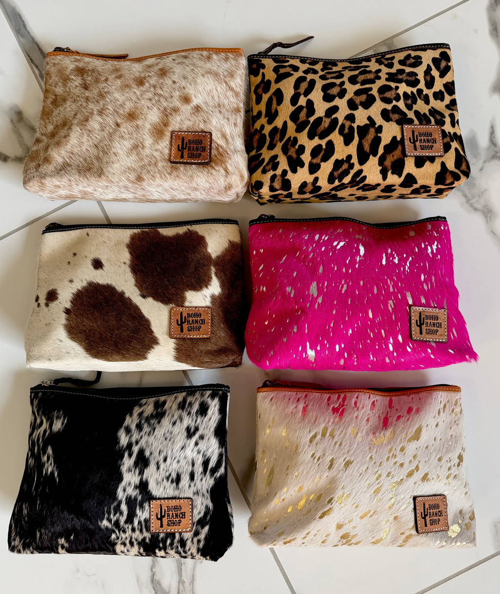 Western Cowhide Makeup Bag Travel: PINK + SILVER SPECS