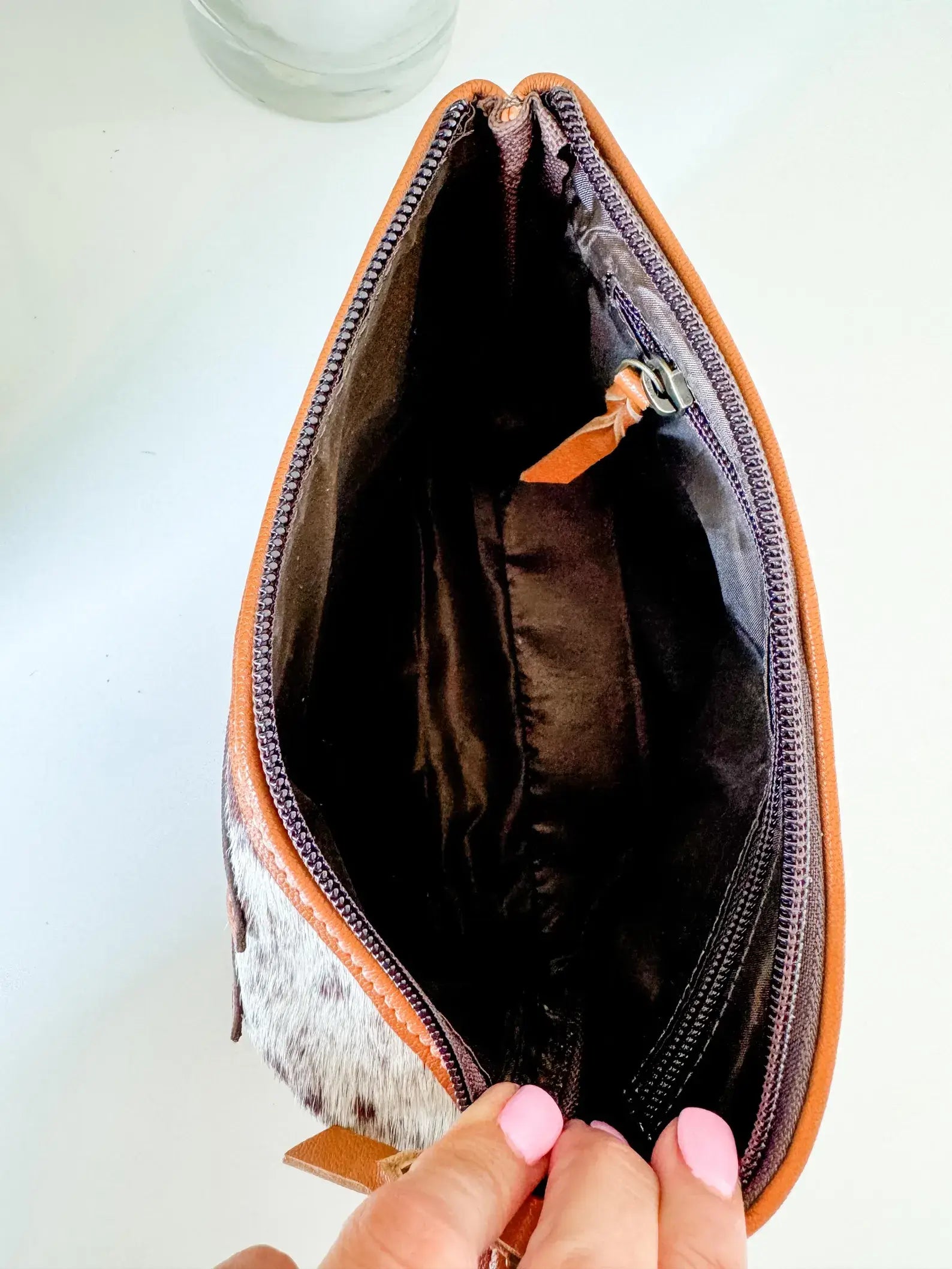 COWHIDE AZTEC  MAKEUP bag Genuine Hair On travel: Black Leather