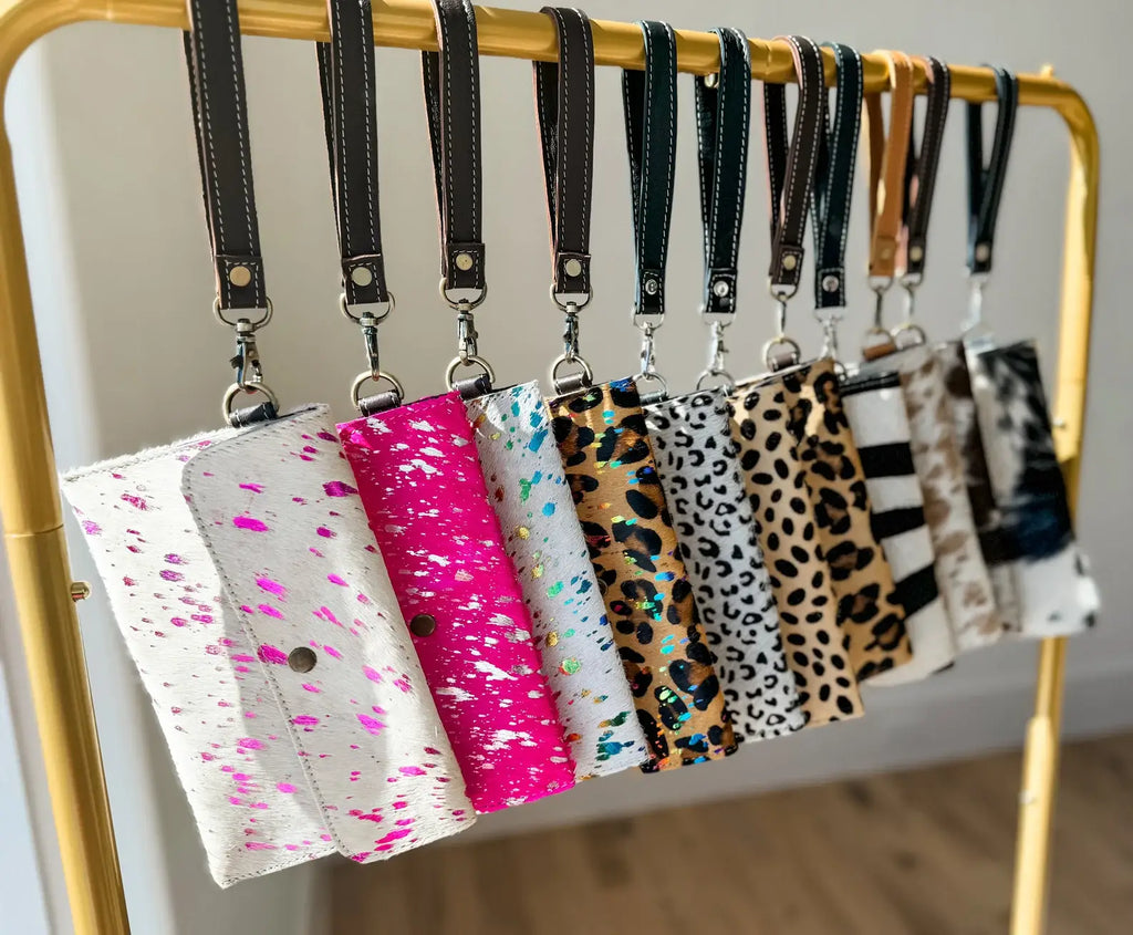 Cowhide Wristlet Wallet Western Genuine HairOn Cowhide Bag: PINK + SILVER SPECS