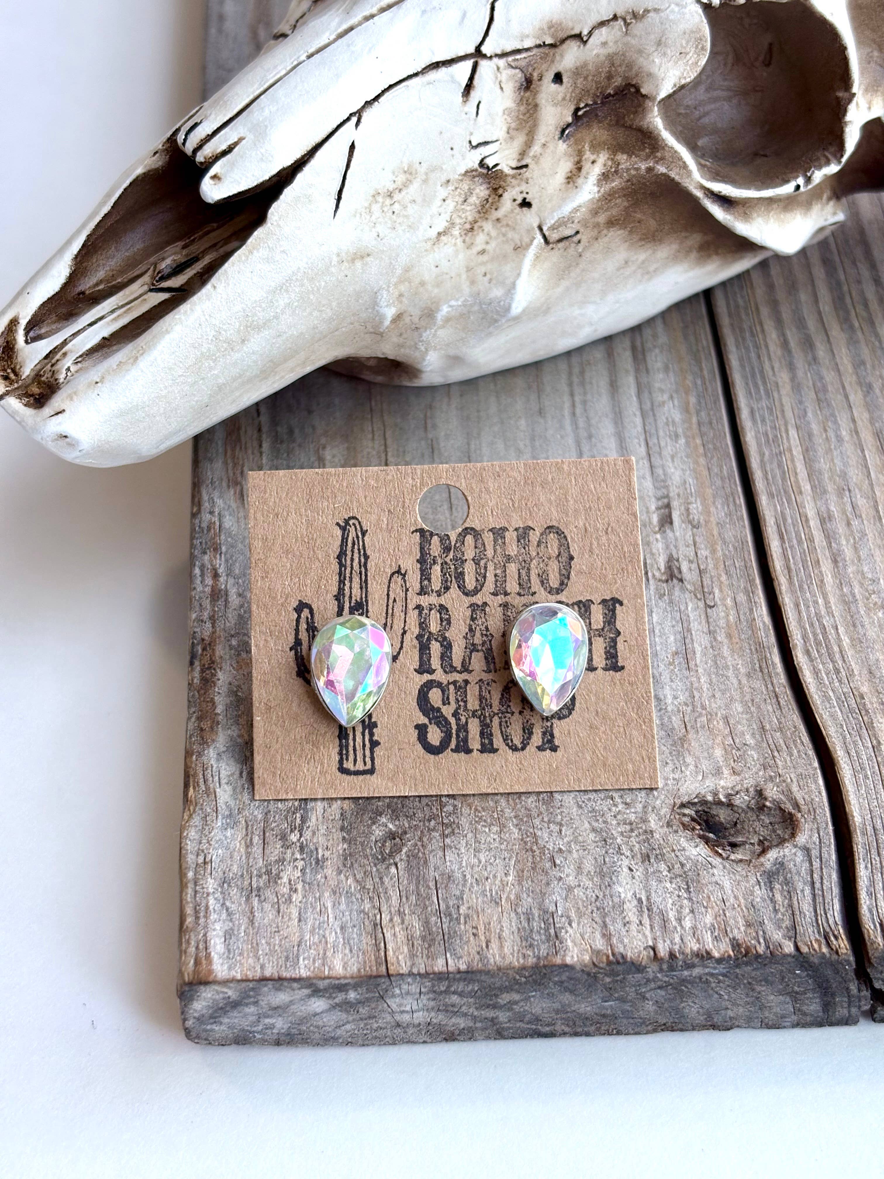 Western Bling Glass Stone Stud Earrings: Teardrop