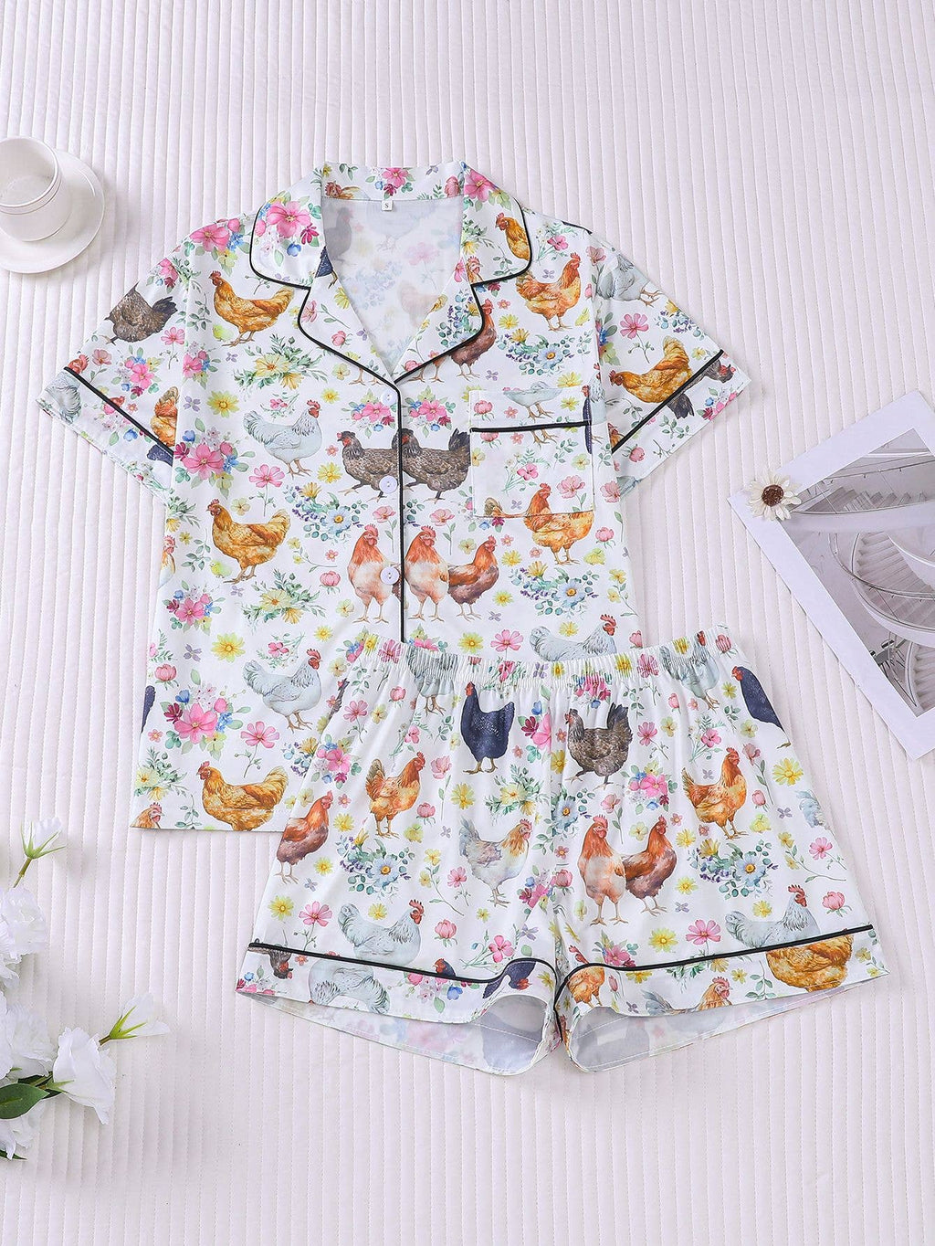 Western Cute Chick Floral Print Short Pajama Set: Color_2 / L