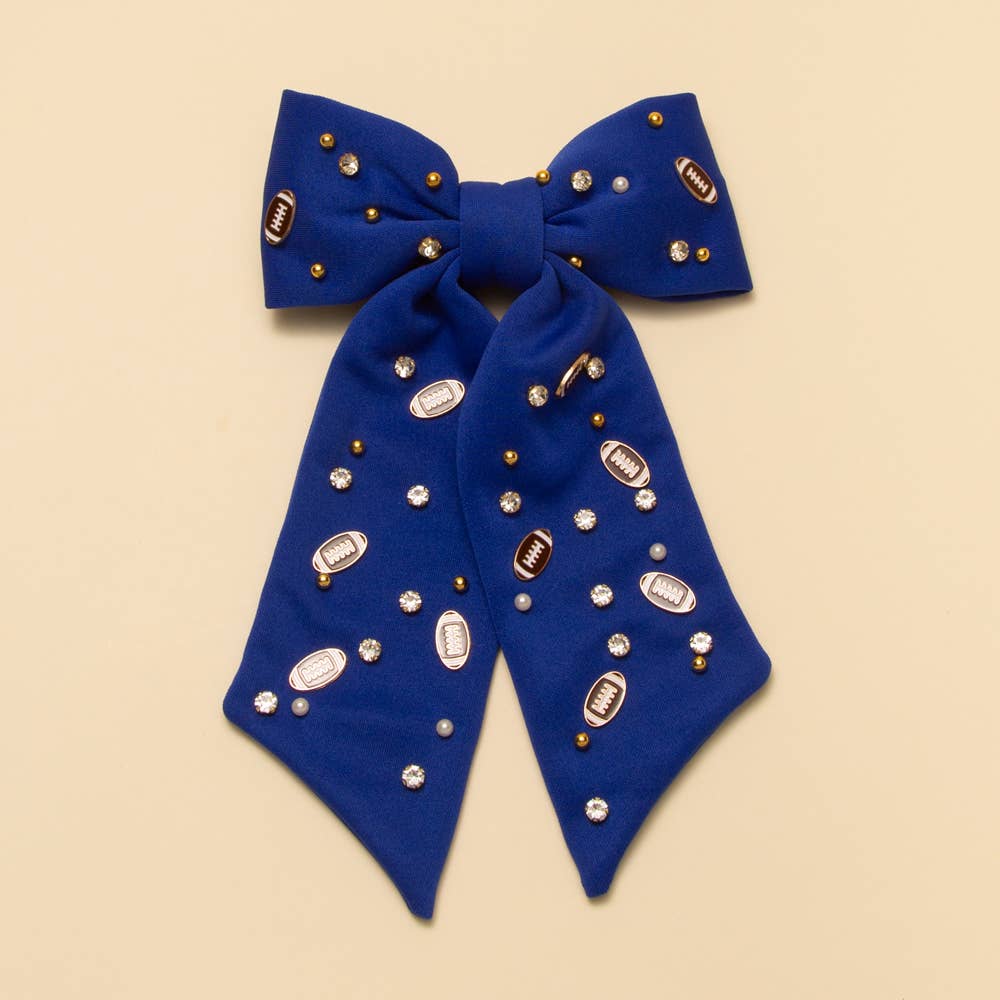 Football Charm Crystal Pearl Embellished Bow Barrette : White