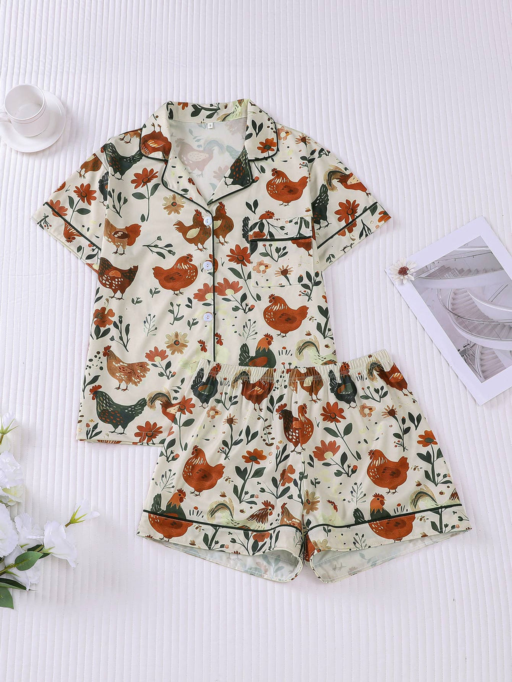 Western Cute Chick Floral Print Short Pajama Set: Color_2 / L
