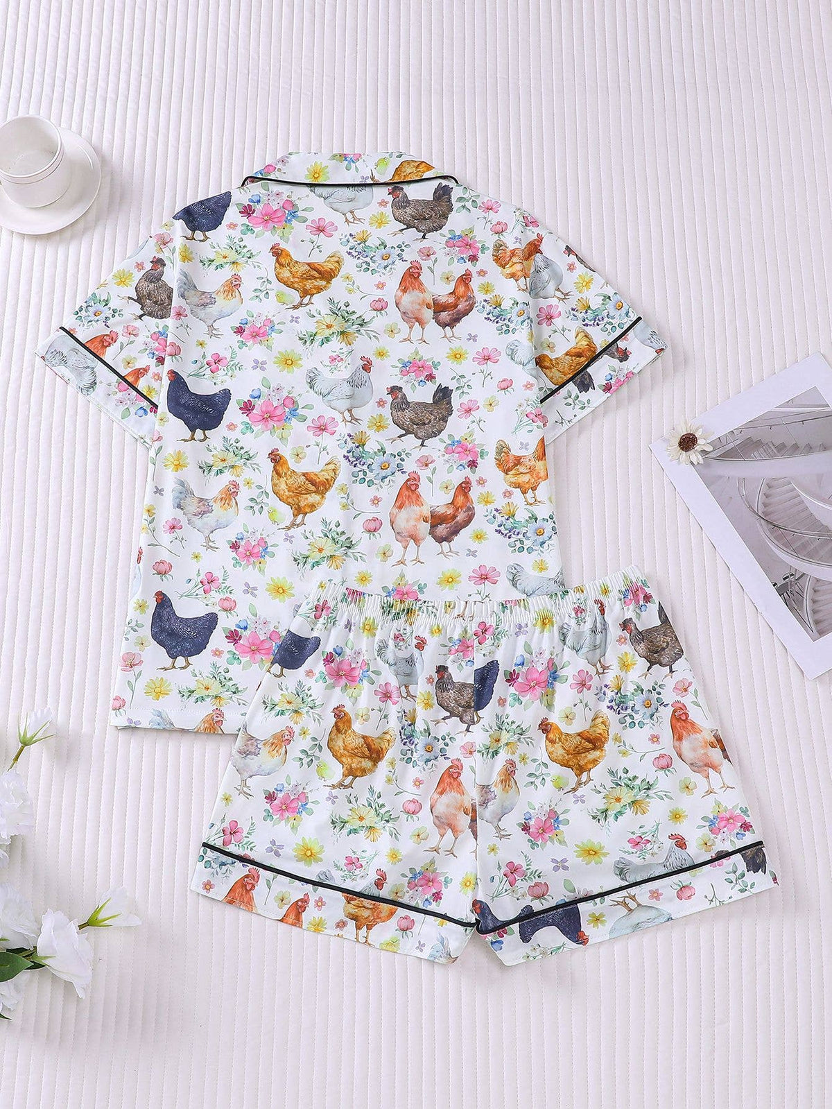 Western Cute Chick Floral Print Short Pajama Set: Color_2 / L