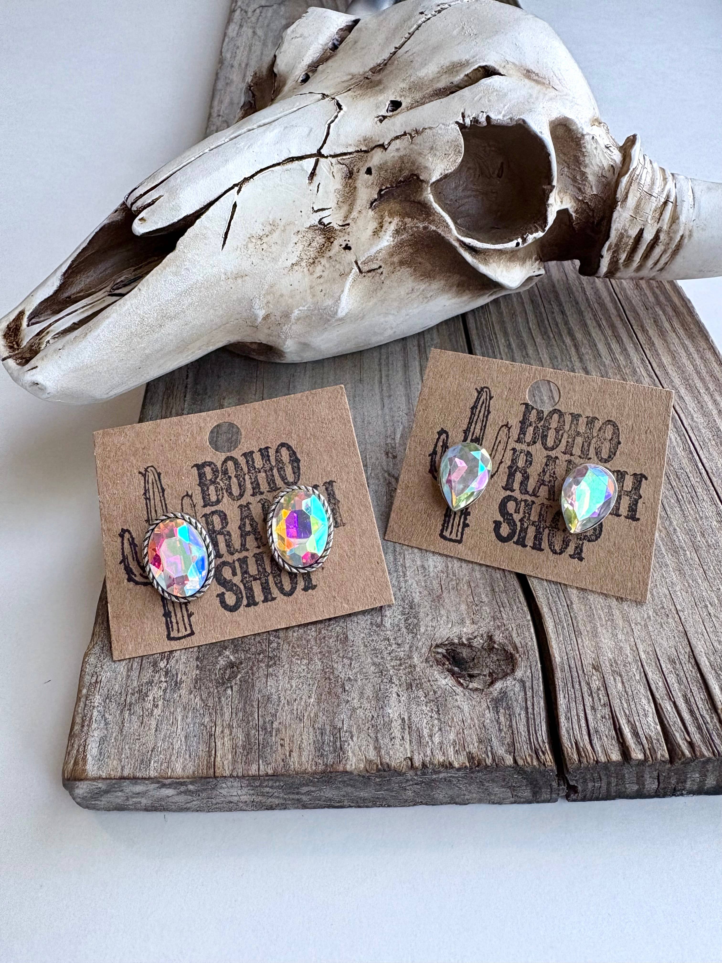 Western Bling Glass Stone Stud Earrings: Oval