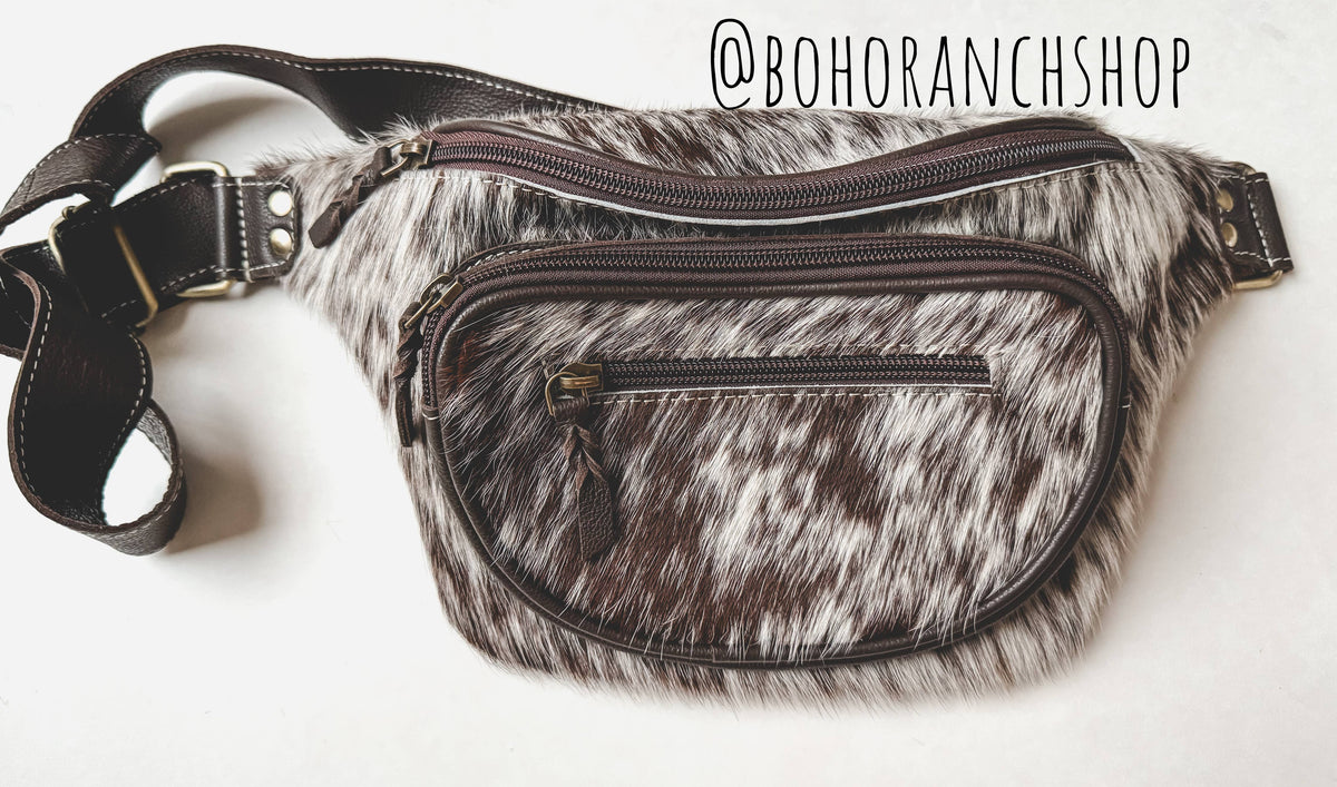 Western Hairon Cowhide Fanny Pack - bum bag sling bag: Tan + White Cowhide