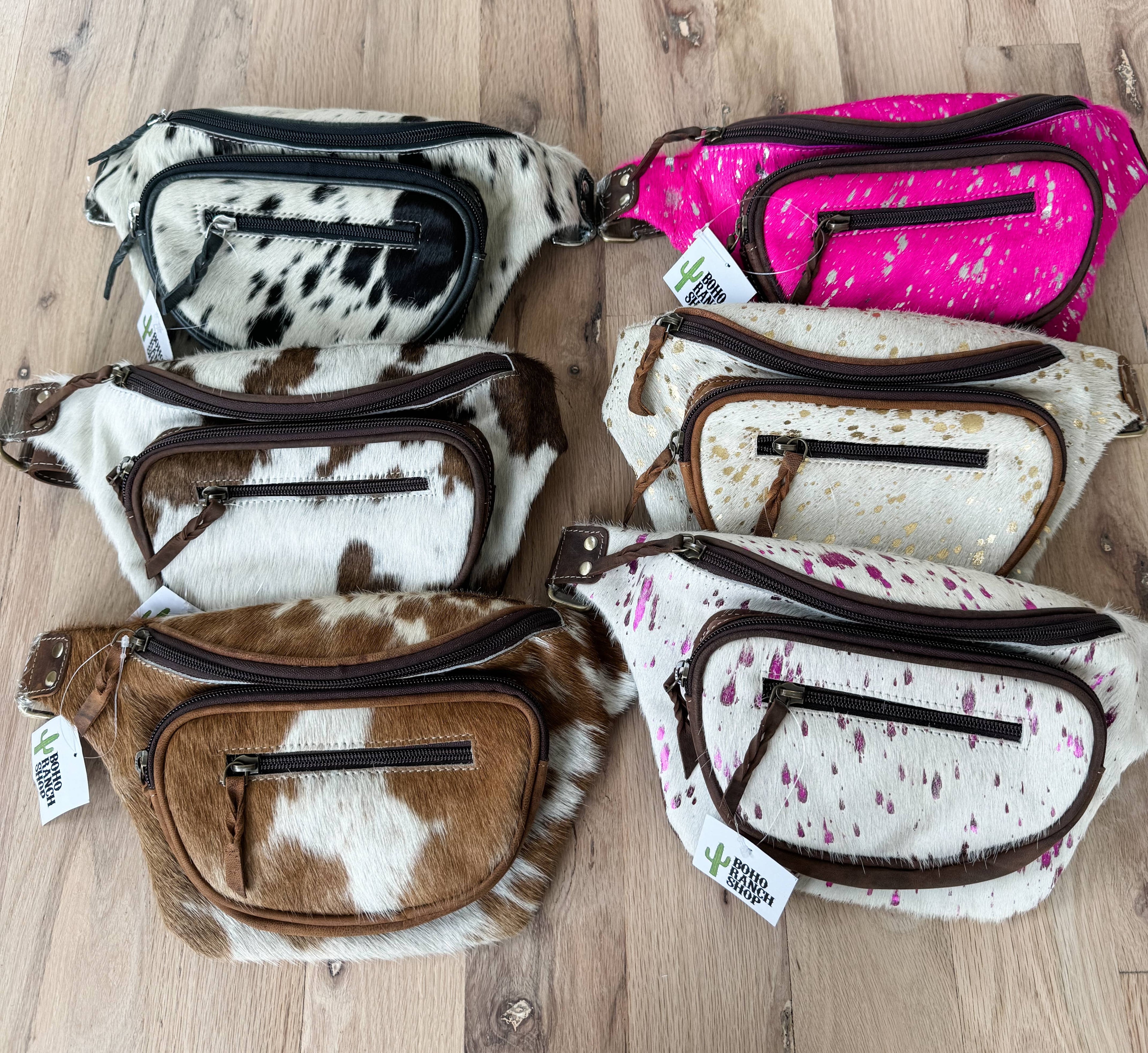 Western Hairon Cowhide Fanny Pack - bum bag sling bag: Tan + White Cowhide
