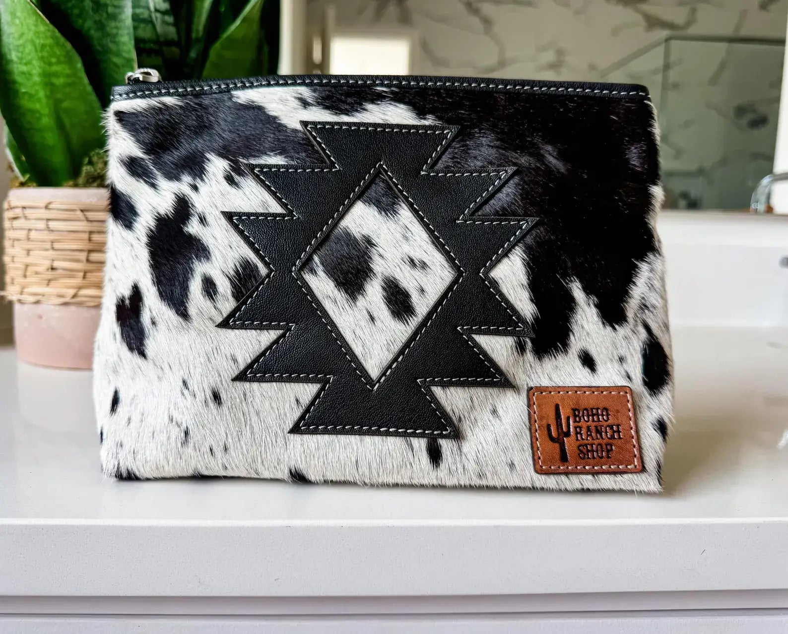 COWHIDE AZTEC  MAKEUP bag Genuine Hair On travel: Black Leather