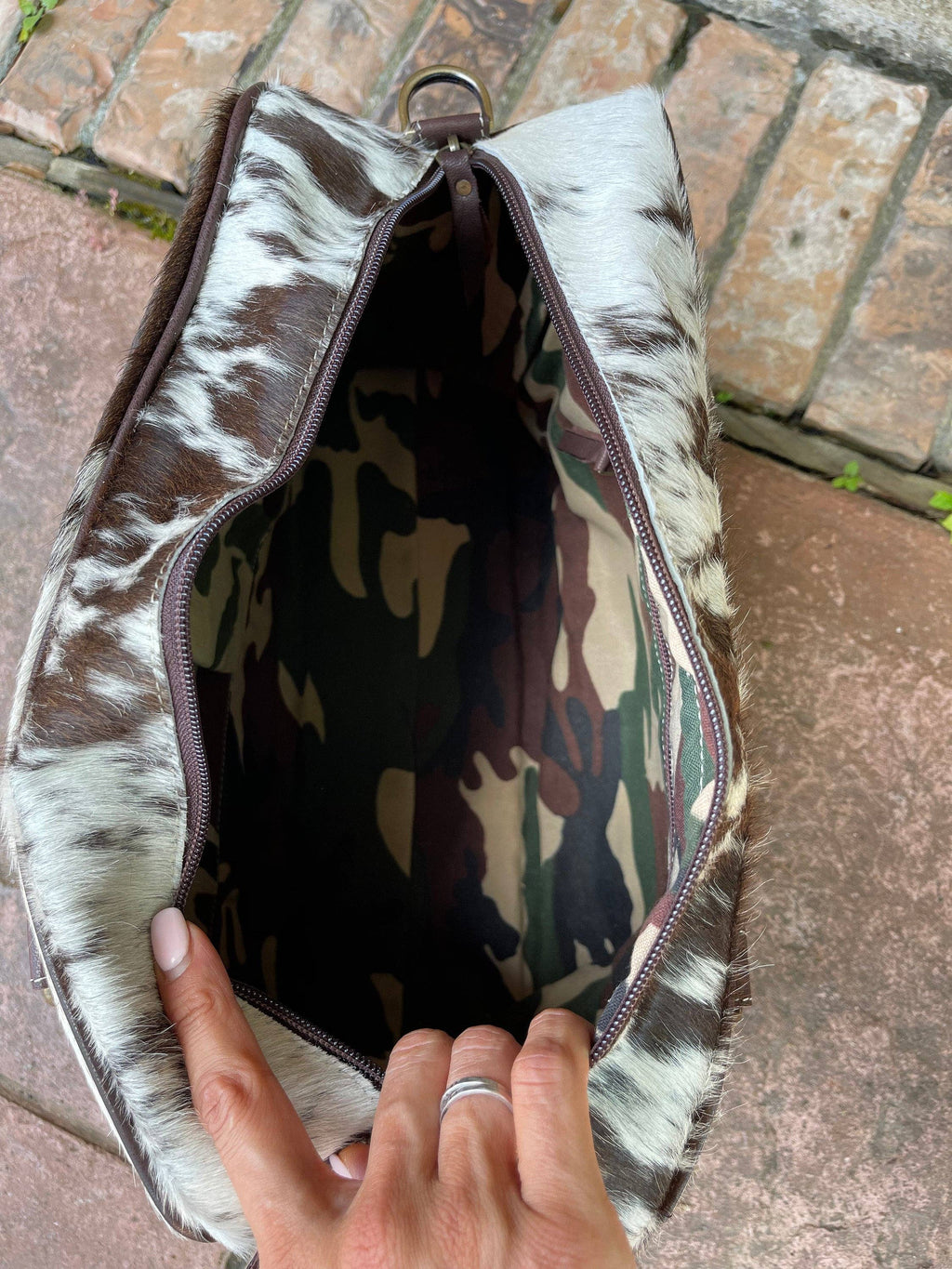 Weekender Duffle Leather Hair On Cowhide Duffel Travel Bag: Brown +White Cowhide