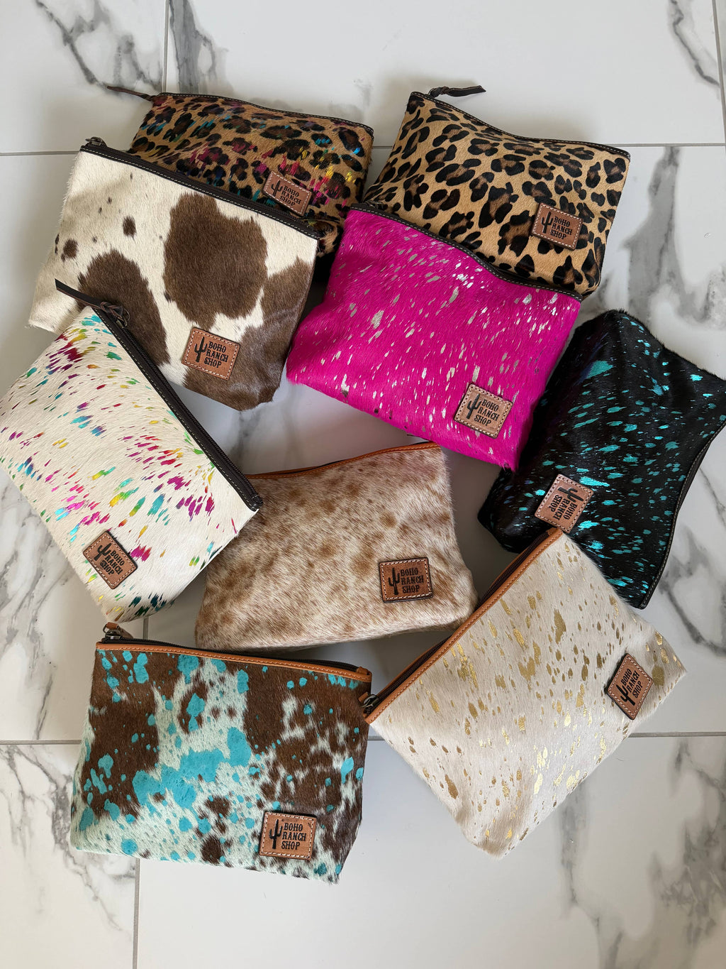 Western Cowhide Makeup Bag Travel: TAN + WHITE