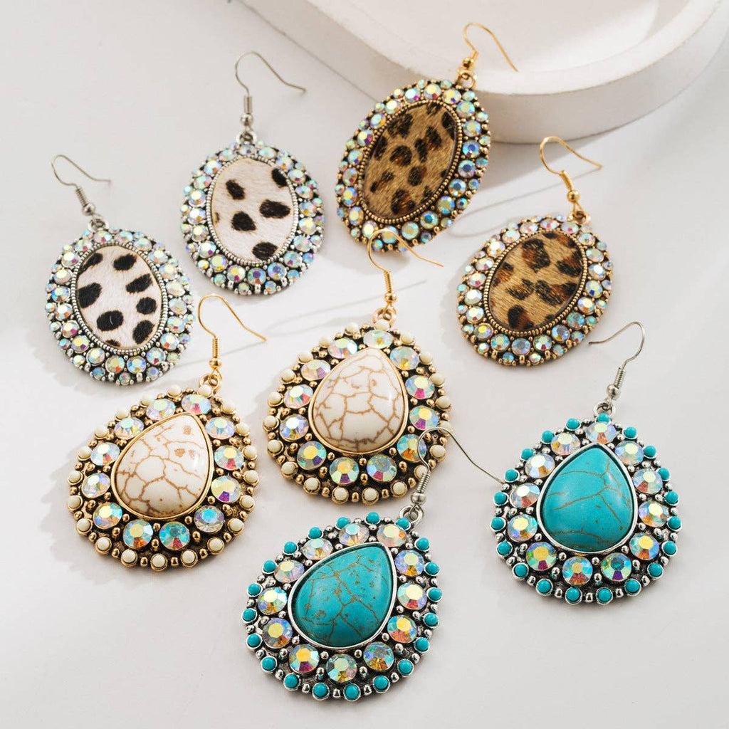 Ethnic Style White and Green Turquoise Earrings Vintage Statement Studs: Brown Leopard Print