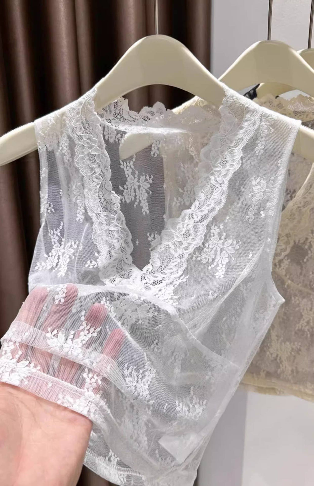 Floral Lace Sheer Mesh V-Neck Fitted Layered Tank Top: Beige / S/M