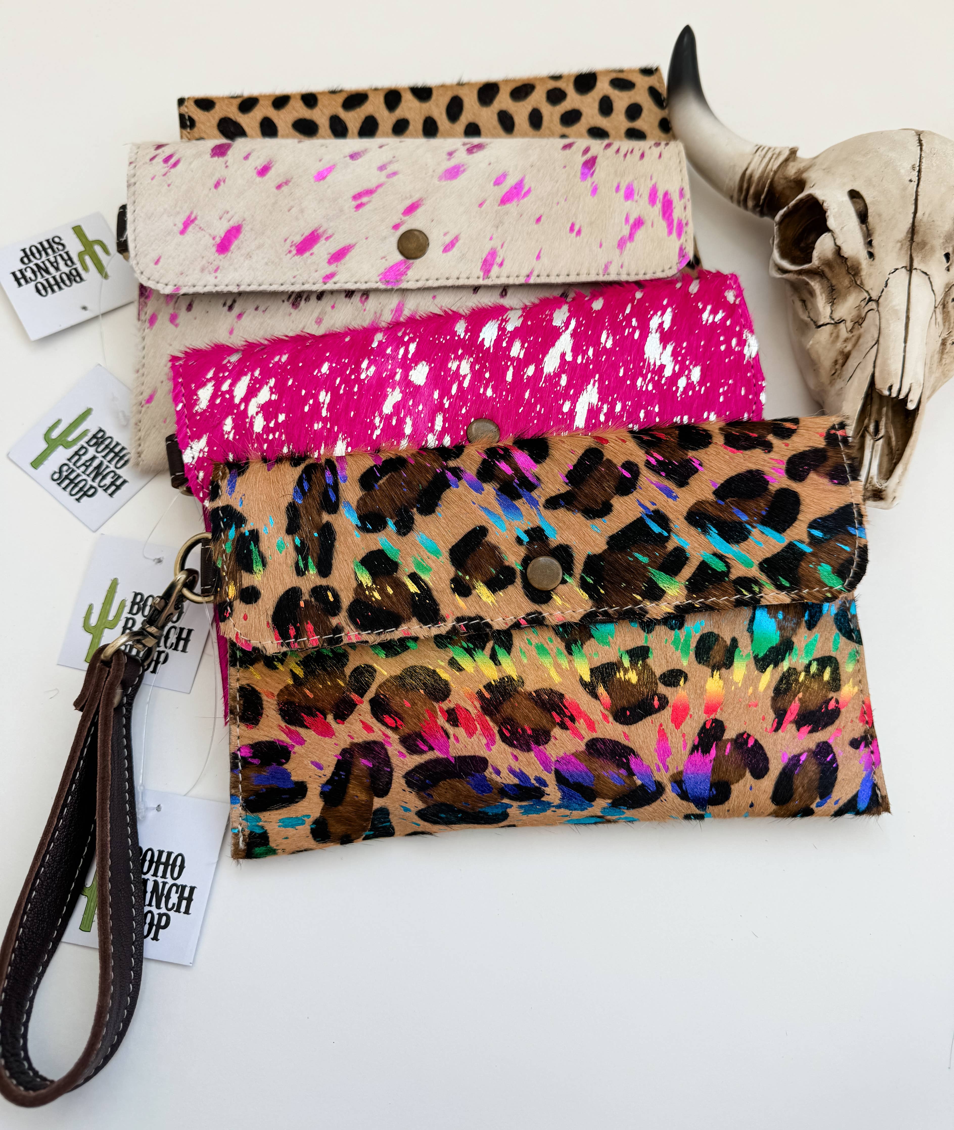 Cowhide Wristlet Wallet Western Genuine HairOn Cowhide Bag: PINK + SILVER SPECS