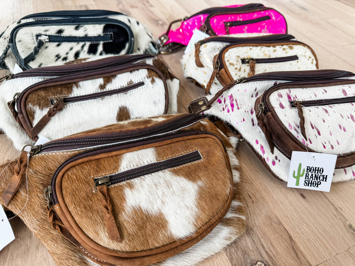 Western Hairon Cowhide Fanny Pack - bum bag sling bag: Tan + White Cowhide