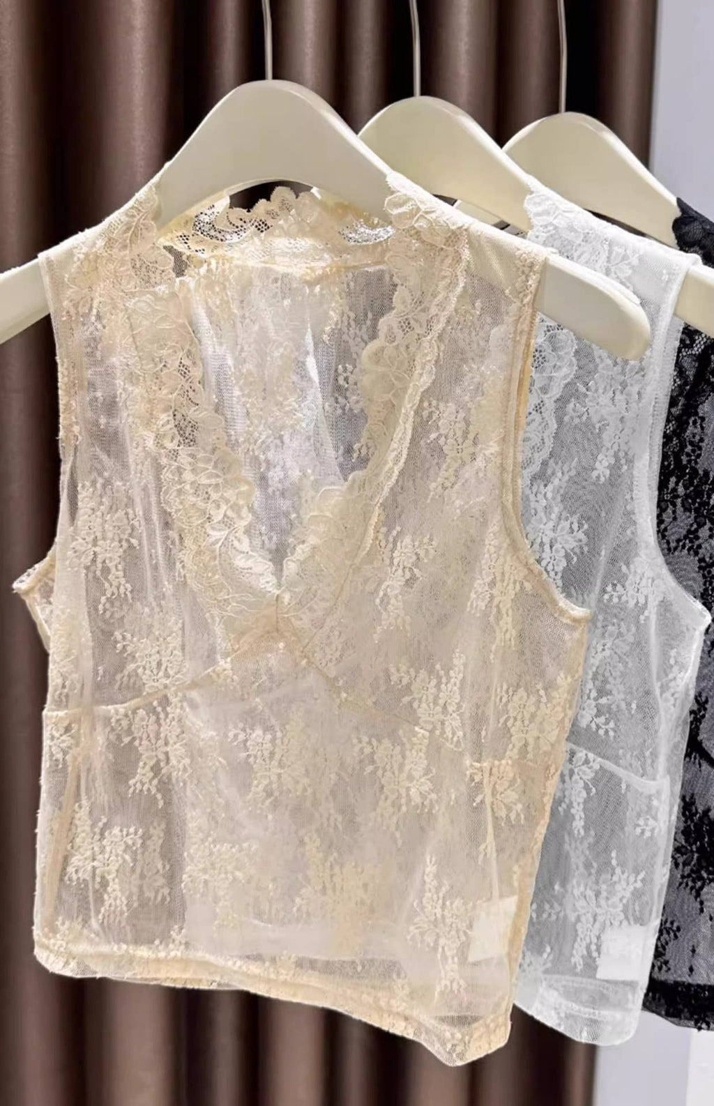 Floral Lace Sheer Mesh V-Neck Fitted Layered Tank Top: Beige / S/M