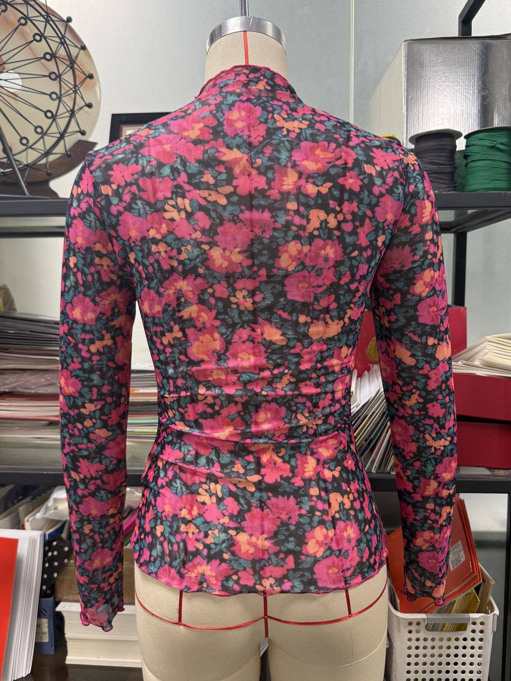Printed Mesh Long Sleeve Slim Fit Top: Hot Pink / Missy / S