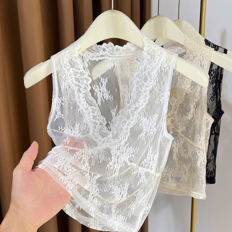 Floral Lace Sheer Mesh V-Neck Fitted Layered Tank Top: Beige / S/M