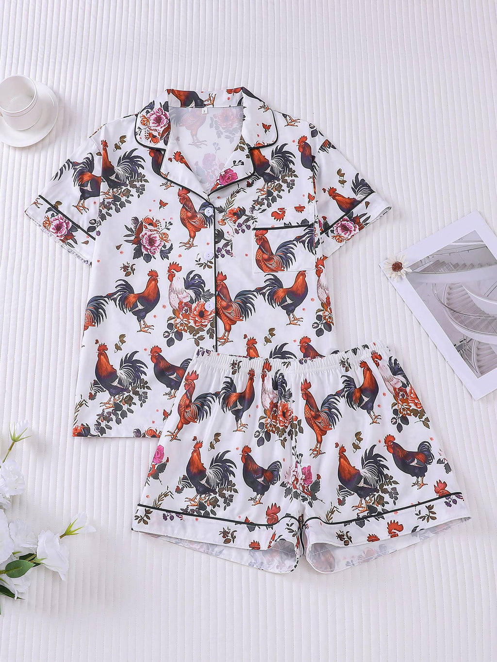 Western Cute Chick Floral Print Short Pajama Set: Color_2 / L