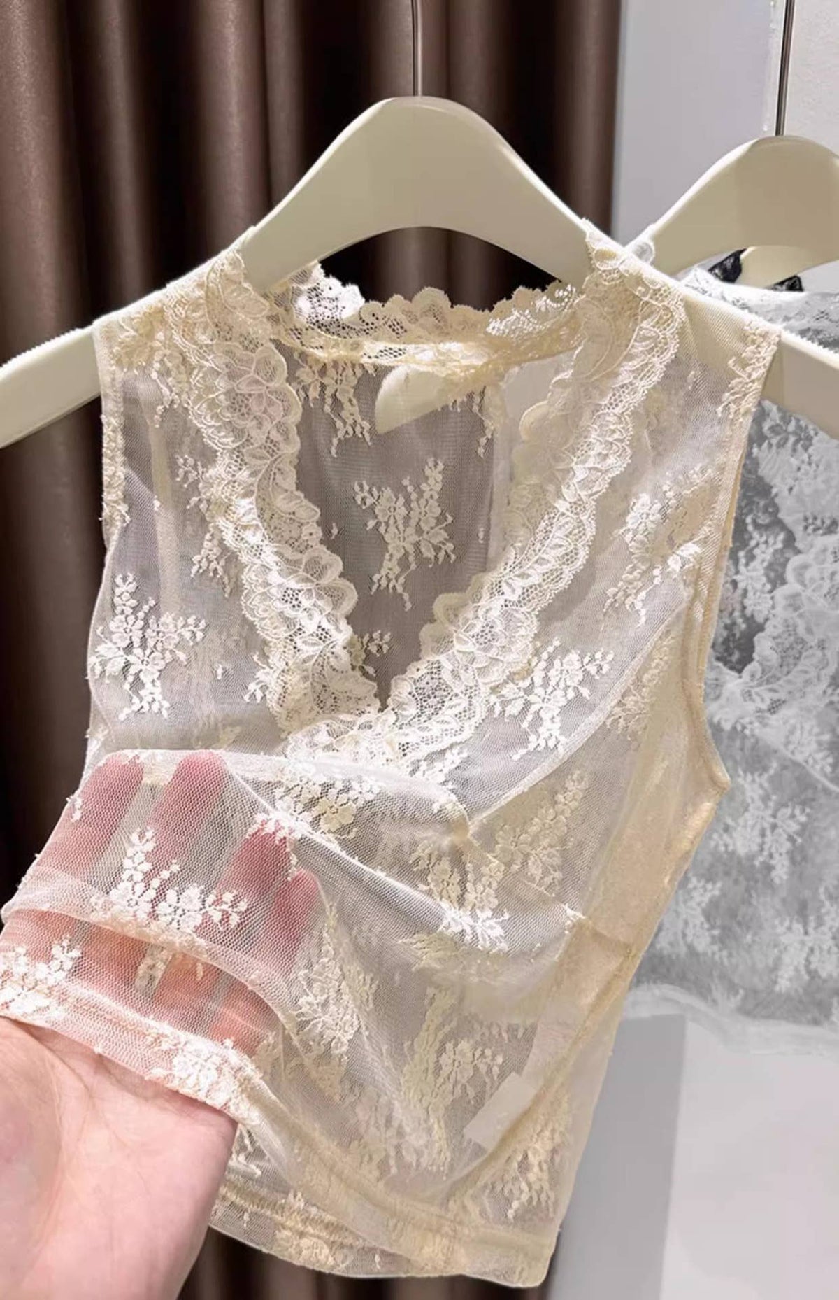 Floral Lace Sheer Mesh V-Neck Fitted Layered Tank Top: Beige / S/M